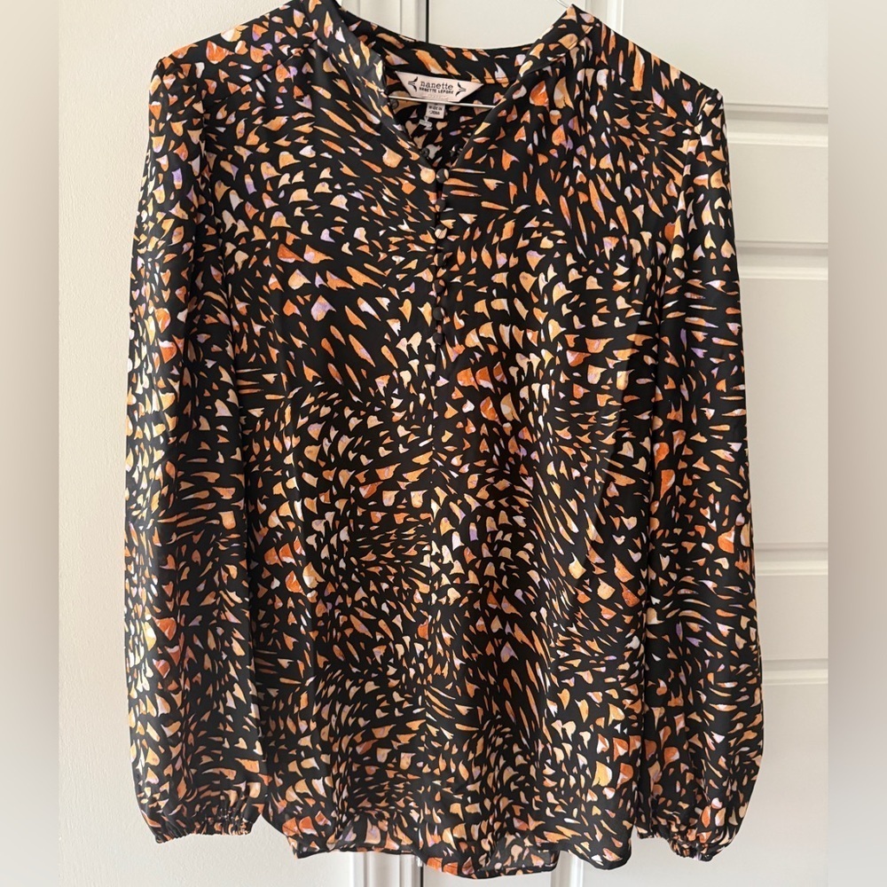 Nanette Lepore Butterfly Print Blouse Size Medium Long Sleeve Popover Nature
